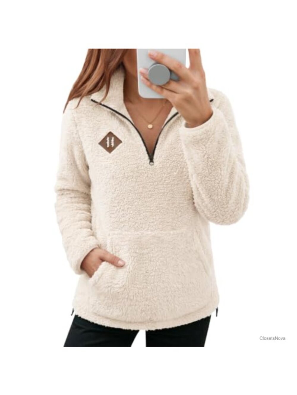 Women Half Zip Fleece Pullover Sweatshirt Kangaroo Pocket Fuzzy Sherpa